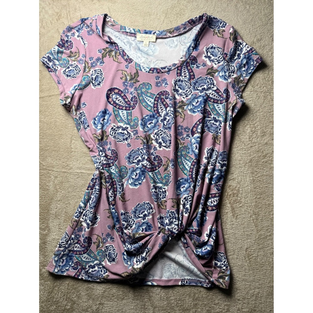 Ultra‎ Flirt Womens Paisley Floral Knot Front Short Sleeve Top  Large Boho